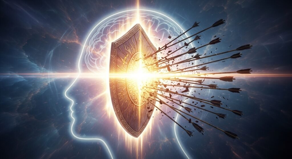 Escudo de luz protegendo a mente, simbolizando a paz guardiã nas 7 coisas que a Bíblia diz sobre ansiedade.