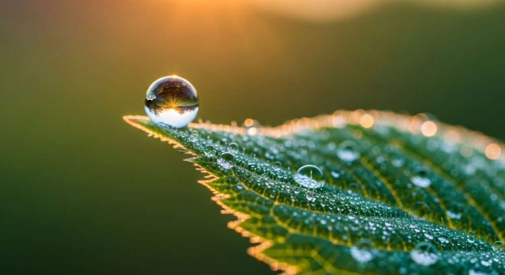 Gota de orvalho ao sol nascente, concluindo as 7 coisas que a Bíblia diz sobre ansiedade e o foco no presente.