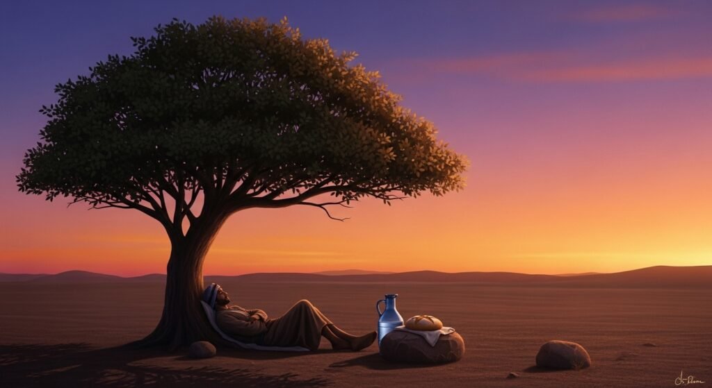 Elias descansando no deserto, exemplo de cuidado com o burnout e ansiedade.