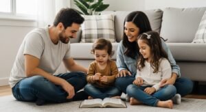 Família cristã unida e feliz estudando a Bíblia no chão da sala, representando o conceito de Educação Bíblica dos Filhos.