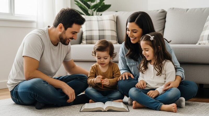 Família cristã unida e feliz estudando a Bíblia no chão da sala, representando o conceito de Educação Bíblica dos Filhos.
