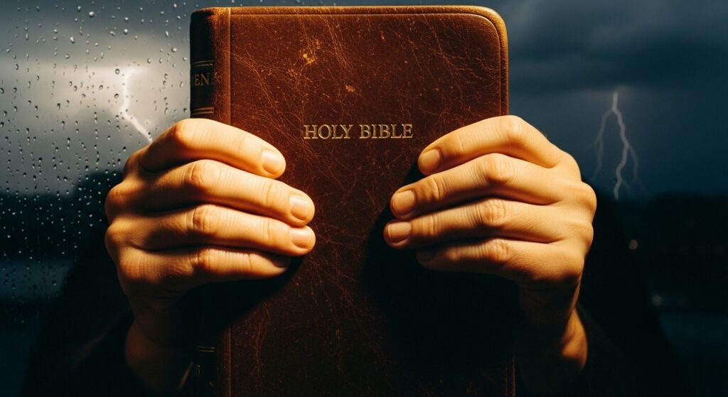 Mãos firmes sobre a Bíblia simbolizando a Inteligência Emocional à Luz da Bíblia e o domínio próprio.