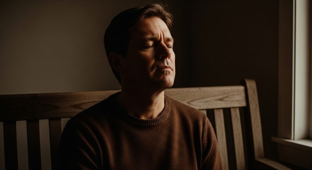 Homem em reflexão profunda representando a Inteligência Emocional à Luz da Bíblia e o autoexame.