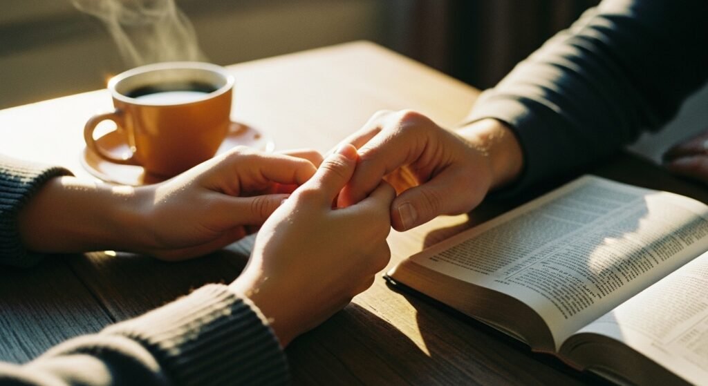 Mãos unidas sobre a Bíblia simbolizando a empatia na Inteligência Emocional à Luz da Bíblia.