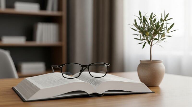 Bíblia aberta com óculos e uma pequena oliveira, representando a Inteligência Emocional à Luz da Bíblia.