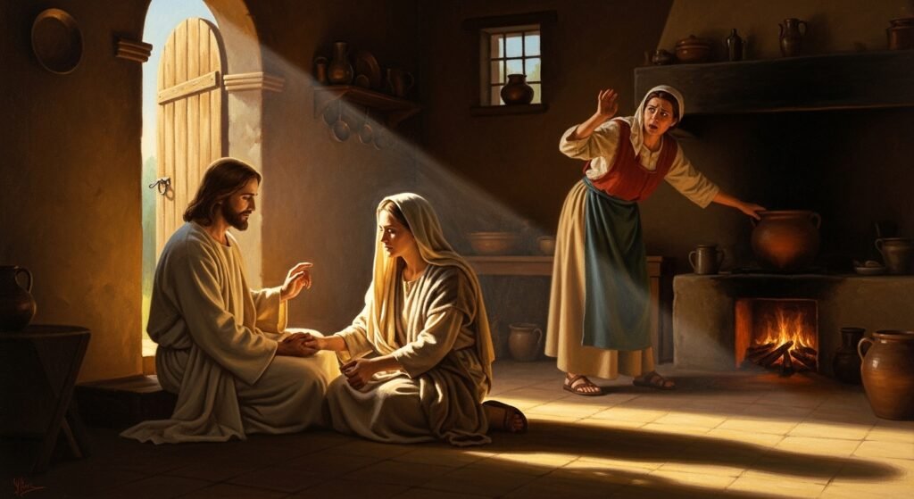 Maria sentada aos pés de Jesus e Marta ao fundo, ilustrando a jornada em Vencendo a Exaustão.