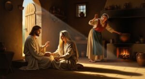 Maria sentada aos pés de Jesus e Marta ao fundo, ilustrando a jornada em Vencendo a Exaustão.