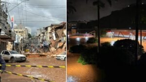 Igreja Assembleia de Deus em Ubá servindo como ponto de coleta e distribuição de água e mantimentos para vítimas das chuvas em 2026.