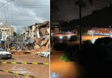 Igreja Assembleia de Deus em Ubá servindo como ponto de coleta e distribuição de água e mantimentos para vítimas das chuvas em 2026.