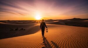 Pessoa caminhando em dunas de areia ao pôr do sol representando o deserto espiritual.