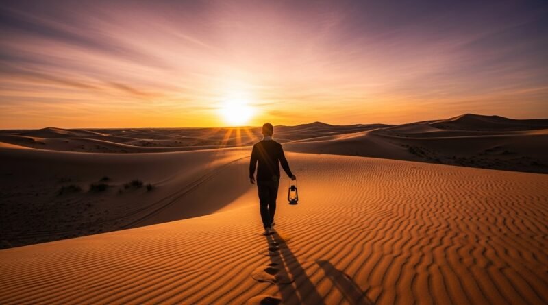 Pessoa caminhando em dunas de areia ao pôr do sol representando o deserto espiritual.