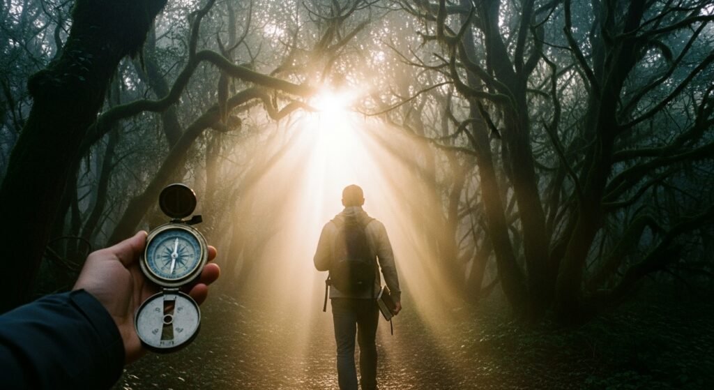 Uma pessoa caminhando em meio à névoa segurando uma Bíblia e uma bússola, simbolizando a busca por discernimento espiritual e direção divina.