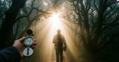 Uma pessoa caminhando em meio à névoa segurando uma Bíblia e uma bússola, simbolizando a busca por discernimento espiritual e direção divina.