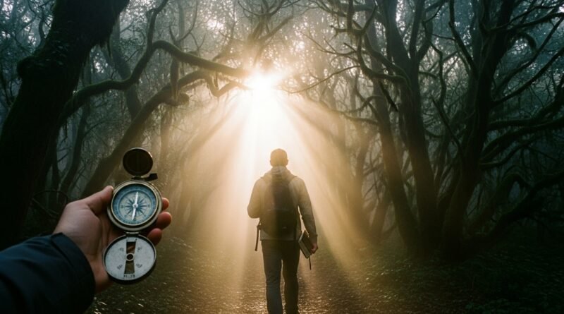 Uma pessoa caminhando em meio à névoa segurando uma Bíblia e uma bússola, simbolizando a busca por discernimento espiritual e direção divina.