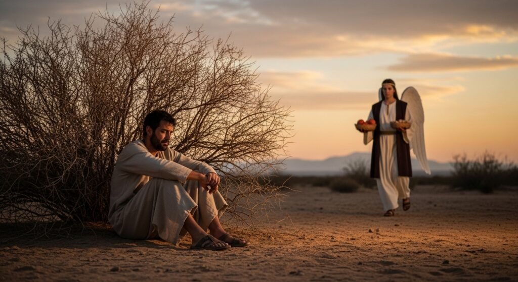 Elias e a depressão - imagem representativa do profeta sentado debaixo do zimbro no deserto com um anjo se aproximando