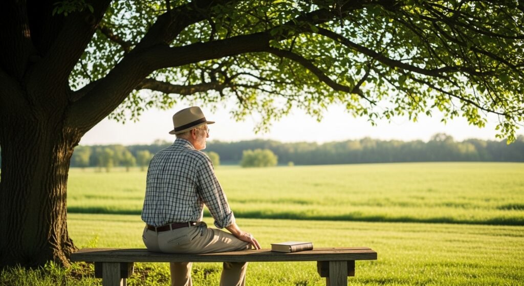 Homem descansando sob uma árvore representando a superação do esgotamento emocional na vida cristã.