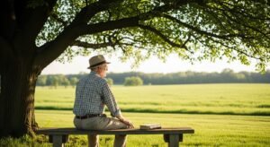 Homem descansando sob uma árvore representando a superação do esgotamento emocional na vida cristã.