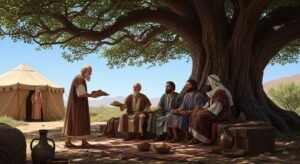 Estudo de Gênesis 18 - Abraão recebe os três visitantes nos carvalhais de Manre.