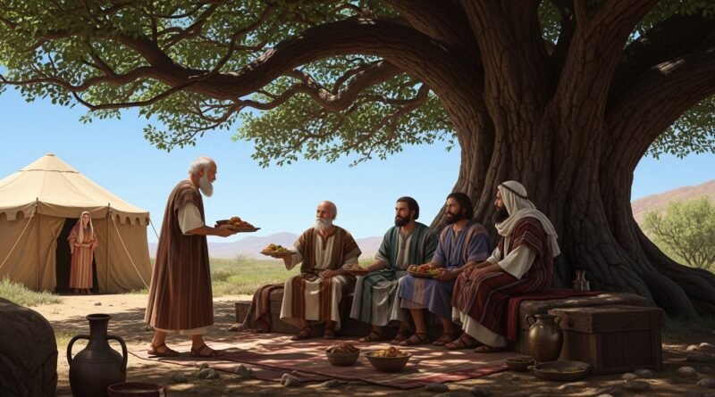 Estudo de Gênesis 18 - Abraão recebe os três visitantes nos carvalhais de Manre.