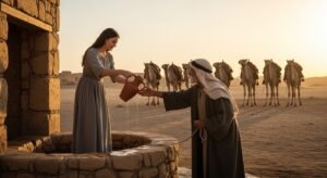 Estudo de Gênesis 24 - Rebeca dá de beber ao servo de Abraão junto ao poço.