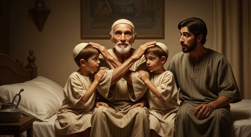 Estudo de Gênesis 48 - Jacob cruza as mãos para abençoar os filhos de José.