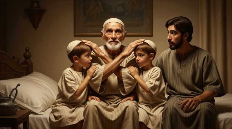 Estudo de Gênesis 48 - Jacob cruza as mãos para abençoar os filhos de José.