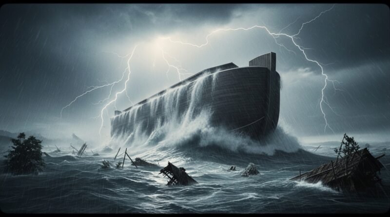 Estudo de Gênesis 7 - A Arca de Noé flutuando durante o Dilúvio.