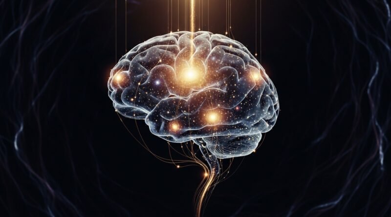 Orar: Ilustração do cérebro humano iluminado por feixes de luz representando a atividade espiritual da oração.