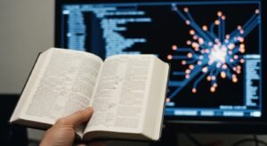 Inteligência Artificial e o Discernimento Espiritual 2026 Uma Bíblia aberta diante de uma tela de computador brilhante, simbolizando o discernimento espiritual na era digital.