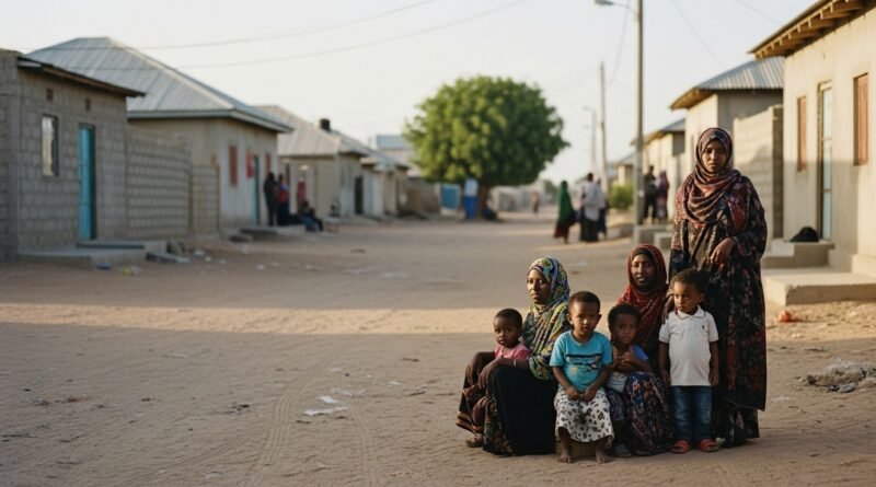 Ilustração de família cristã em fuga por causa da fé em Jesus Cristo na Somália