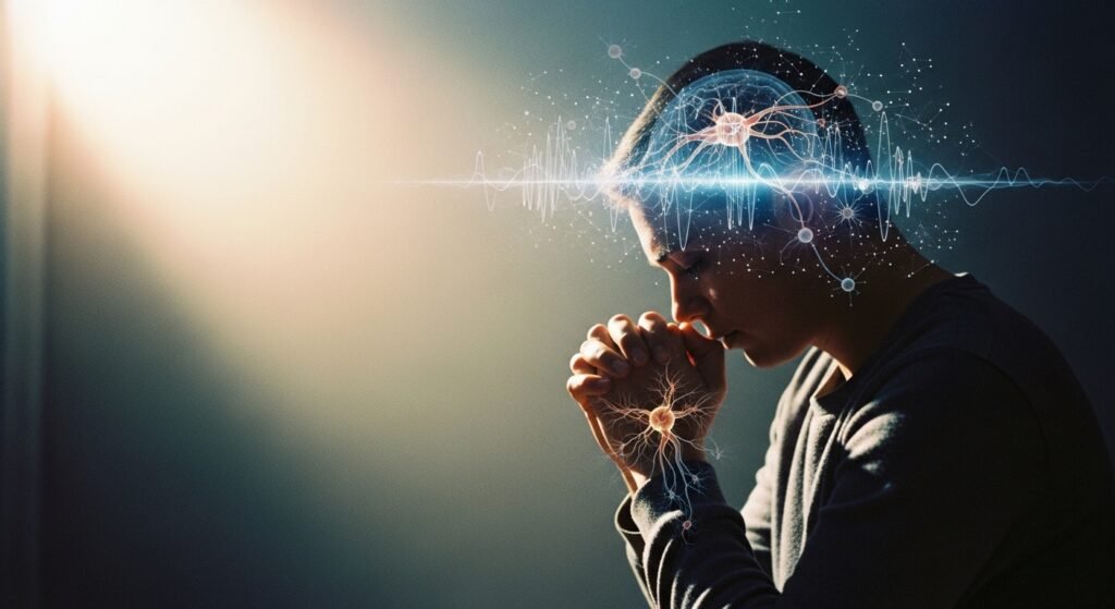 o que acontece no cérebro quando você ora - imagem representativa de pessoa orando com atividade cerebral iluminada