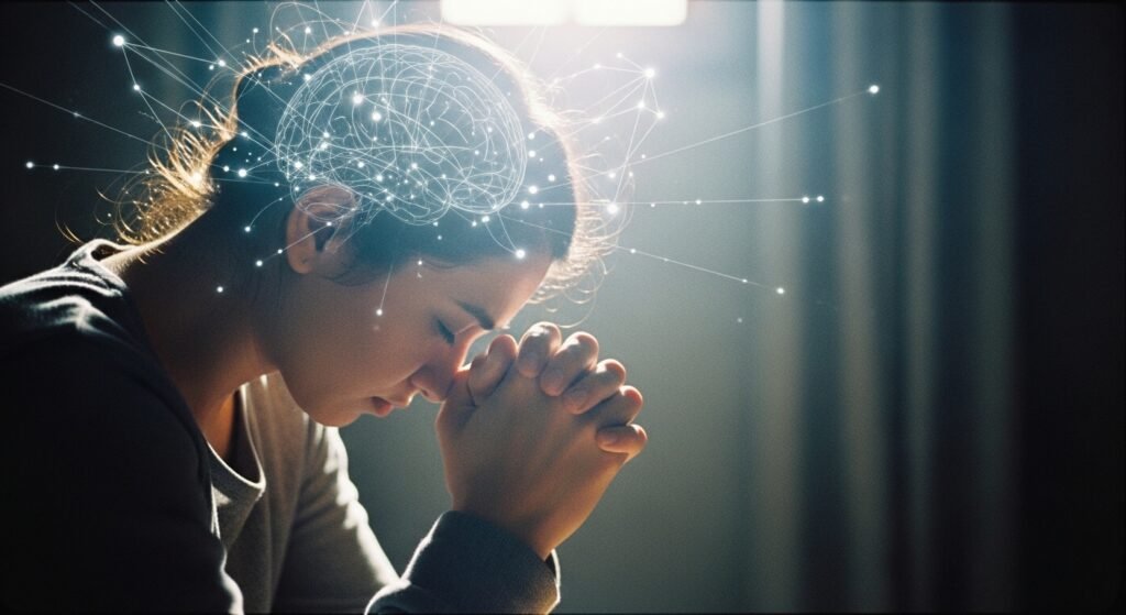 o que acontece no cérebro quando você ora - imagem representativa de pessoa orando com atividade cerebral iluminada