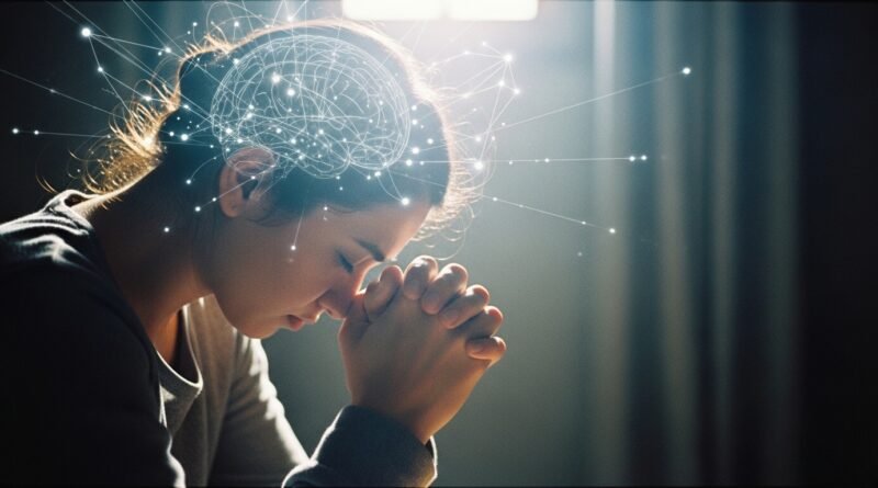 o que acontece no cérebro quando você ora - imagem representativa de pessoa orando com atividade cerebral iluminada