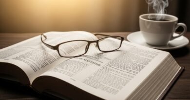 Bíblia aberta destacando o texto da oração do Pai Nosso com luz suave sobre as páginas.