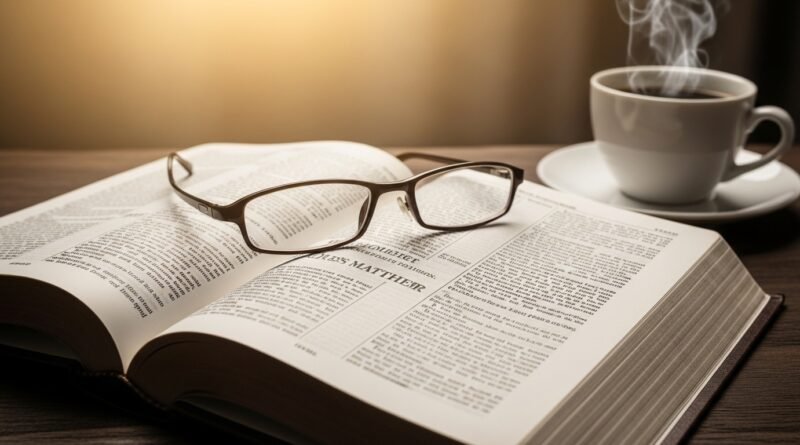 Bíblia aberta destacando o texto da oração do Pai Nosso com luz suave sobre as páginas.