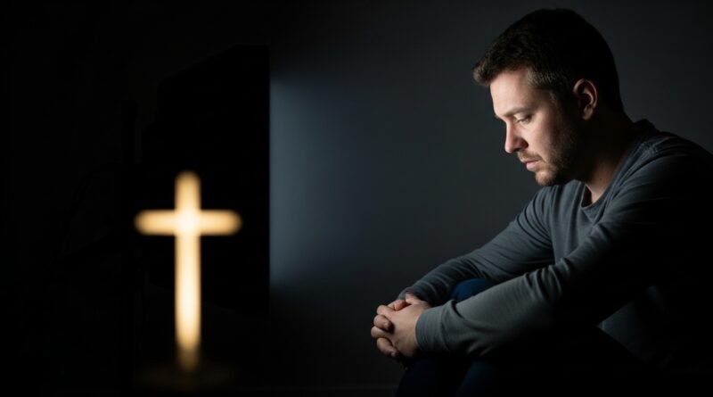 pornografia - imagem representativa de pessoa em conflito com o vício, com luz de esperança ao fundo