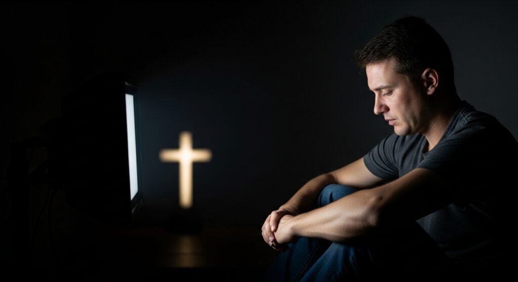 pornografia - imagem representativa de pessoa em conflito com o vício, com luz de esperança ao fundo