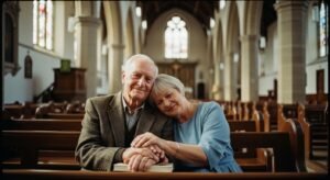 O segredo do casamento duradouro segundo a Bíblia representado por casal de idosos na igreja