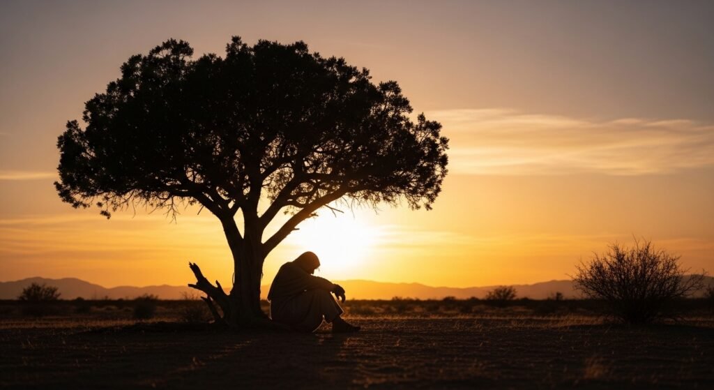 Profeta Elias sentado debaixo de um zimbro no deserto, representando o sofrimento emocional e a depressão que pode atingir até os grandes servos de Deus