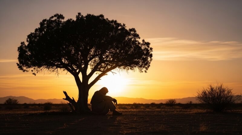 Profeta Elias sentado debaixo de um zimbro no deserto, representando o sofrimento emocional e a depressão que pode atingir até os grandes servos de Deus