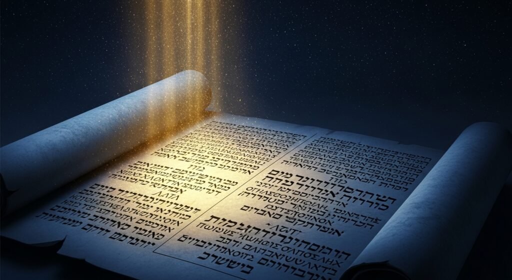 Pergaminho antigo iluminado por luz celestial representando a presciência de Deus e a eleição divina segundo 1 Pedro 1:2