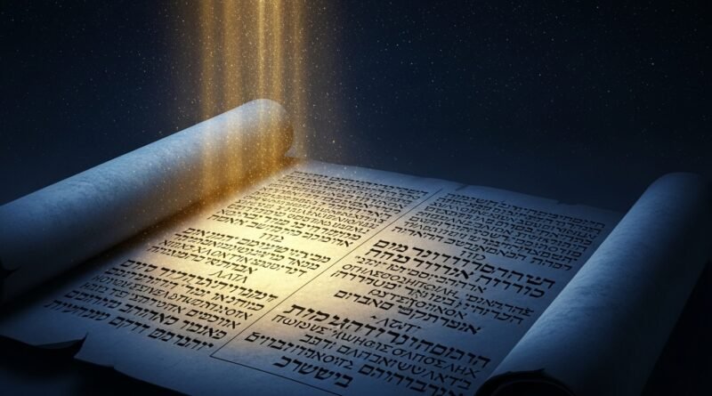 Pergaminho antigo iluminado por luz celestial representando a presciência de Deus e a eleição divina segundo 1 Pedro 1:2