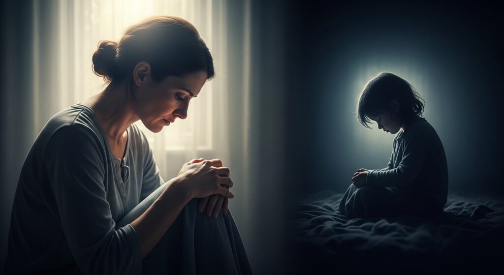 feridas da infância - imagem representativa de adulto em processo de cura interior com memórias da infância ao fundo