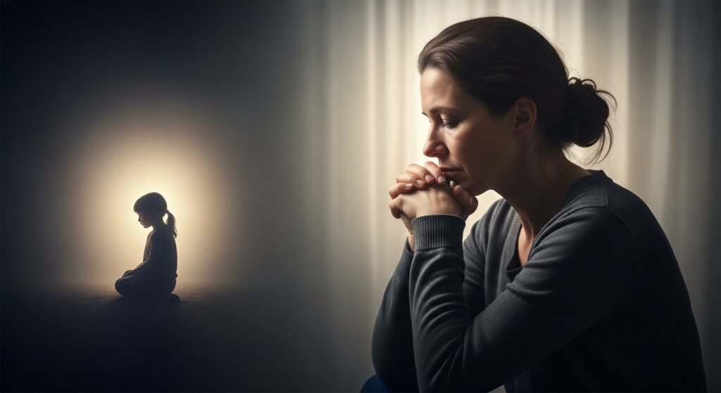 feridas da infância - imagem representativa de adulto em processo de cura interior com memórias da infância ao fundo