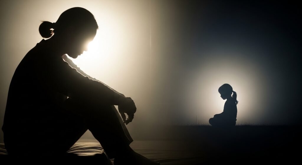 feridas da infância - imagem representativa de adulto em processo de cura interior com memórias da infância ao fundo