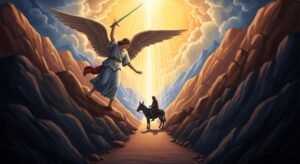 Anjo do Senhor com espada desembainhada no caminho, jumenta e Balaão, representando o milagre da jumenta falante