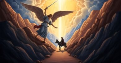 Anjo do Senhor com espada desembainhada no caminho, jumenta e Balaão, representando o milagre da jumenta falante