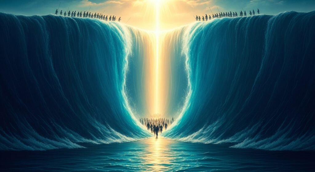 O Mar Vermelho Se Abriu Mesmo? Representação dramática do Mar Vermelho se abrindo em duas muralhas de água com o povo de Israel atravessando em terra seca