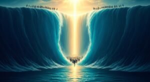 Representação dramática do Mar Vermelho se abrindo em duas muralhas de água com o povo de Israel atravessando em terra seca