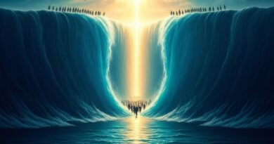 Representação dramática do Mar Vermelho se abrindo em duas muralhas de água com o povo de Israel atravessando em terra seca